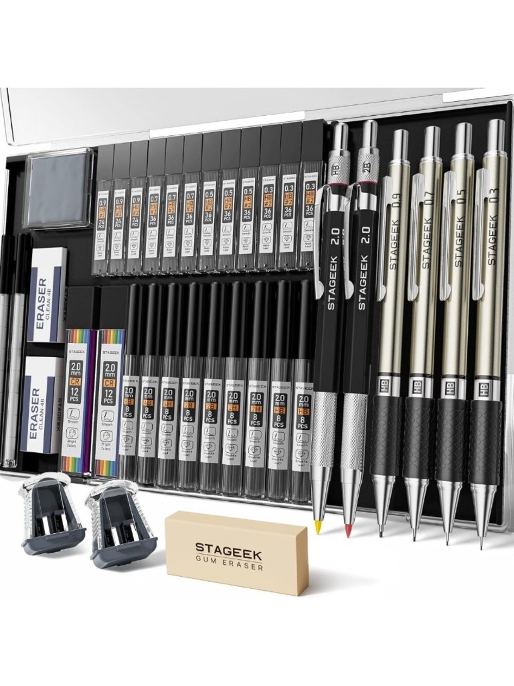 Versatile 37PCS Mechanical Pencil Set with Case - 0.3, 0.5, 0.7, 0.9 & 2mm